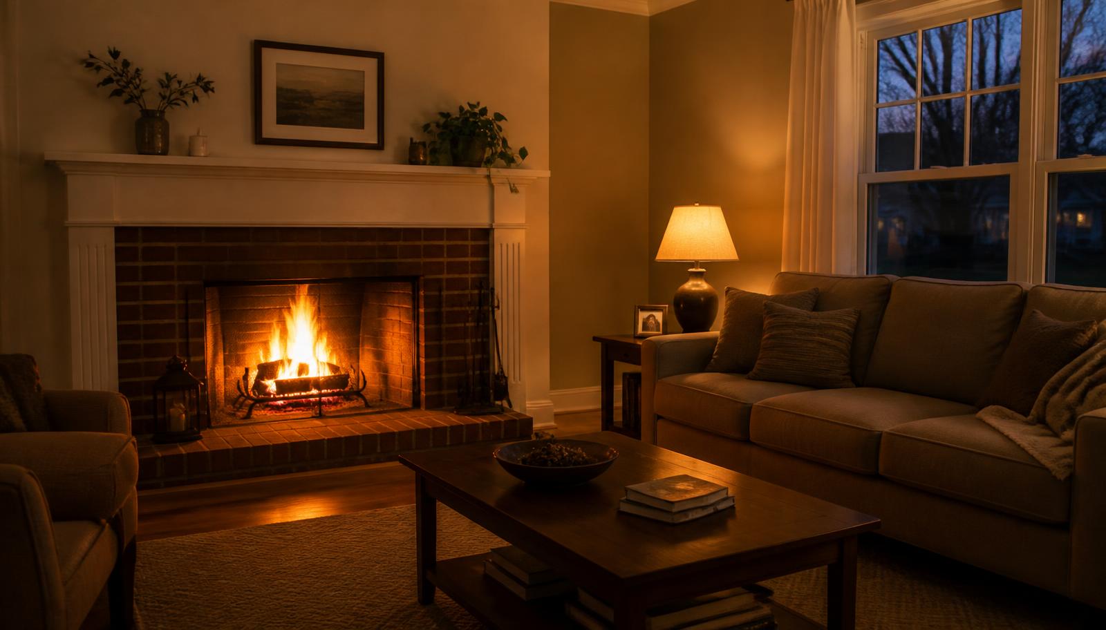 Warm fire burning in a brick fireplace in a comfortable living room at dusk