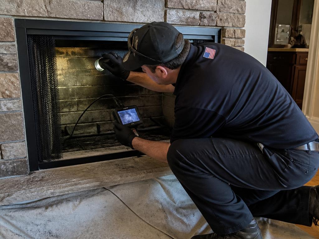 Technician inspecting a home fireplace firebox with a light and inspection camera