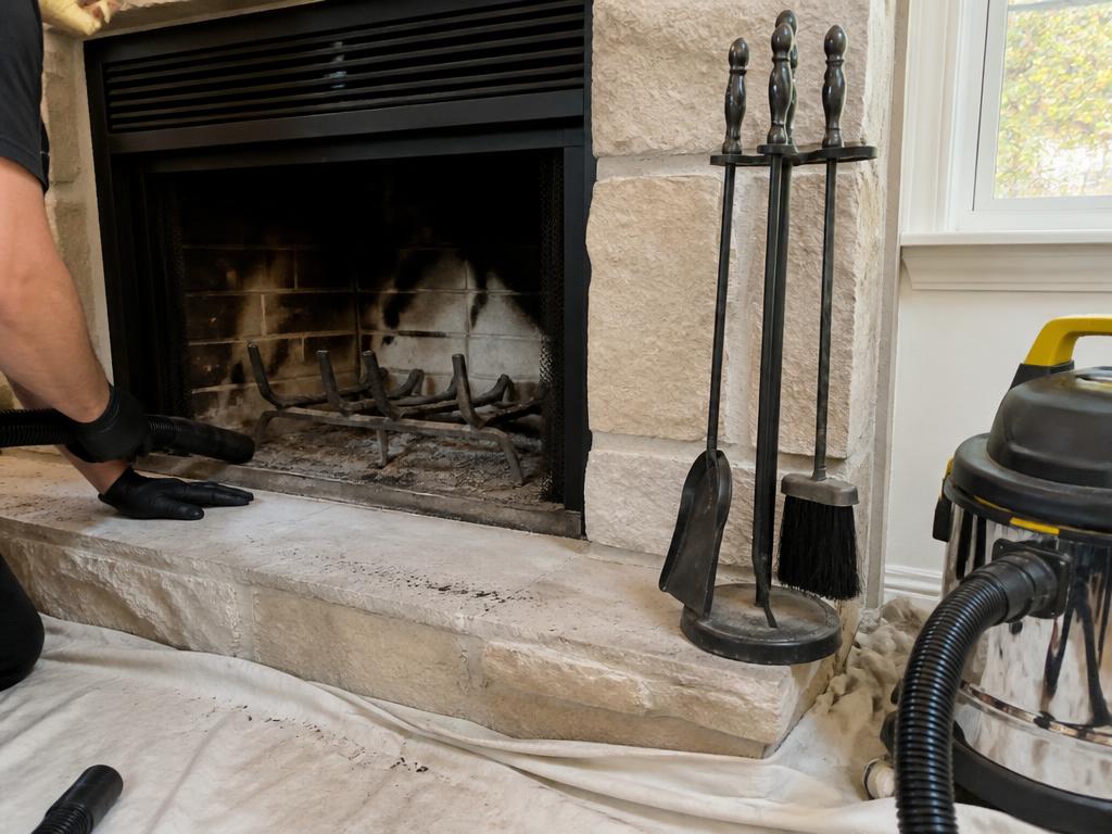 Technician vacuuming a fireplace hearth with drop cloths protecting the floor