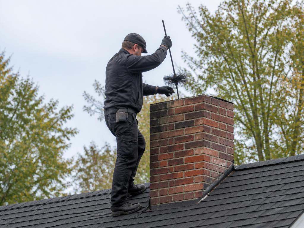 PureFlow technician sweeping a brick chimney from the roof with a chimney brush